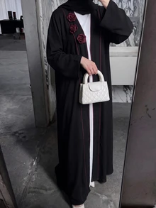 Mulvari Black 3D Rose Decor Red Contrast Trim Loose Long Elegant Commute Date Party Women's Abaya - Burgundy - View 7