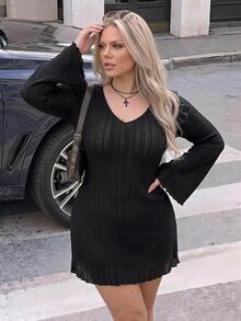 SHEIN ICON Women's Plus Size Autumn/Winter Retro Sexy Simple Casual Millennial Style Y2K V-Neck Flared Sleeve Black Knitted Jacquard Dress - Black - View 1