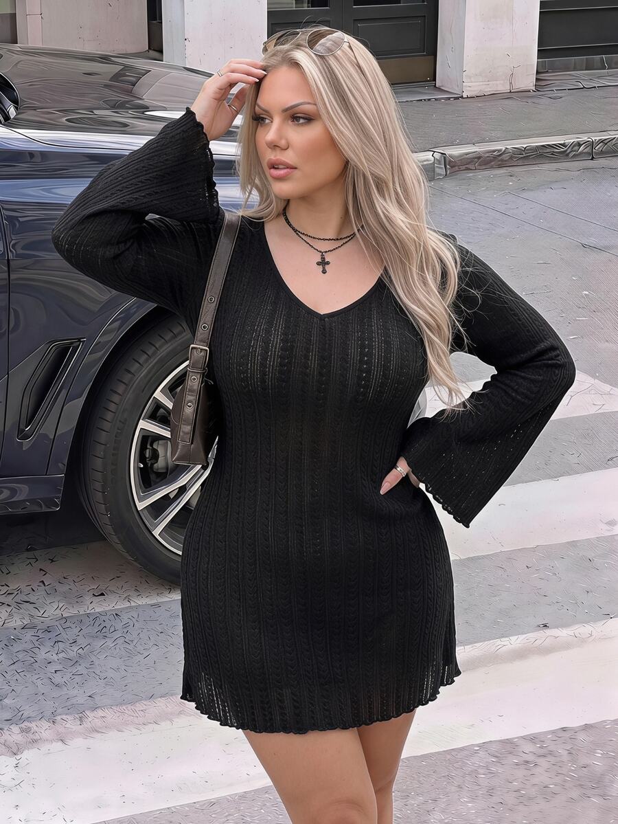 SHEIN ICON Women's Plus Size Autumn/Winter Retro Sexy Simple Casual Millennial Style Y2K V-Neck Flared Sleeve Black Knitted Jacquard Dress - Black - View 1