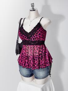 SHEIN ICON Women's Plus Size Retro Sexy Simple Casual Millennial Style Y2K Street Style Rose Red Leopard Print Contrast Lace V-Neck Camisole - Hot Pink - View 3