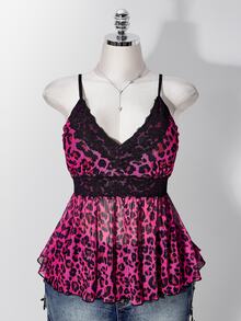 SHEIN ICON Women's Plus Size Retro Sexy Simple Casual Millennial Style Y2K Street Style Rose Red Leopard Print Contrast Lace V-Neck Camisole - Hot Pink - View 12