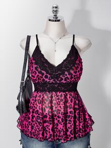 SHEIN ICON Women's Plus Size Retro Sexy Simple Casual Millennial Style Y2K Street Style Rose Red Leopard Print Contrast Lace V-Neck Camisole - Hot Pink - View 2