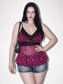 SHEIN ICON Women's Plus Size Retro Sexy Simple Casual Millennial Style Y2K Street Style Rose Red Leopard Print Contrast Lace V-Neck Camisole - Hot Pink - View 1