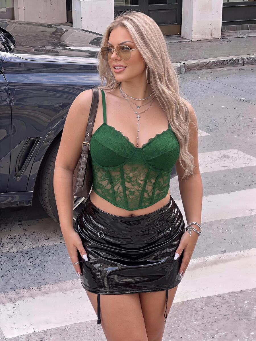 SHEIN ICON Plus Lace Black Corset Cami Top, Summer - Dark Green - View 1