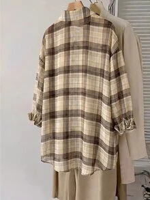 SHEIN CURVE+ 大尺碼長袖休閒條紋襯衫，秋季女裝 - 棕色 - 查看 2