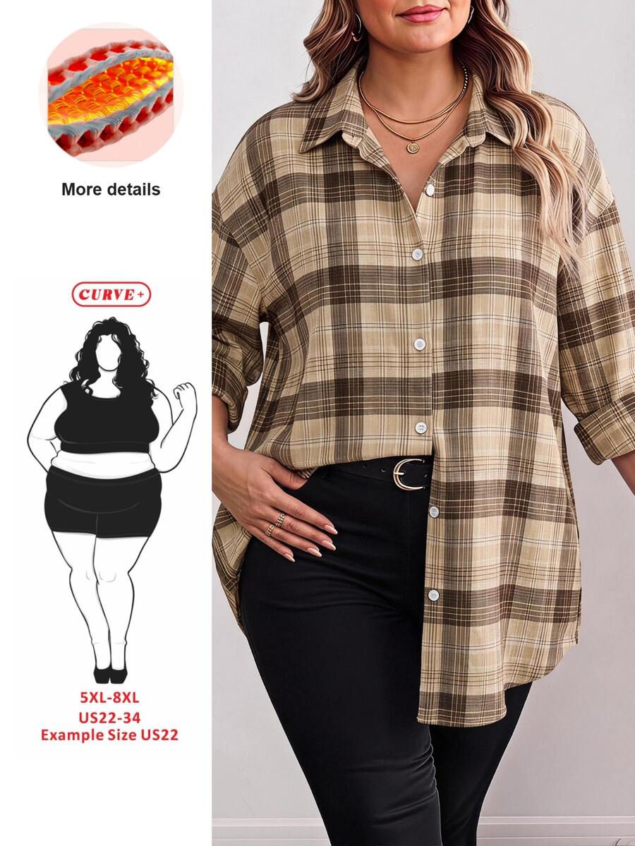 SHEIN CURVE+ 大尺碼長袖休閒條紋襯衫，秋季女裝 - 棕色 - 查看 1