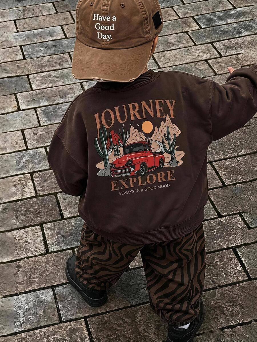 SHEIN Tween Girls Banana Graphic Crew Neck Sweatshirt & Checkered Wide Leg Pants 2Pcs Set, Casual Long Sleeve Kids Outfit, Soft Daily Wear For Little Boys - Coffee Brown - View 1