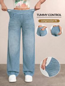 Flexra Plus Size Women's Casual Simple All-Season Stretch Straight Leg Jeans Dates Fashion Week Light Blue Fall Slimming And Butt Lifting Sporty Daily - Dusty Blue - View 2