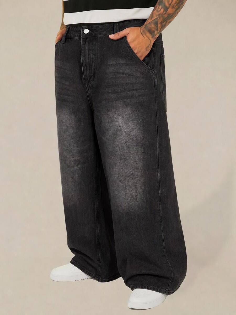 Athstrex Plus Size Men's Casual Washed Wide Leg Jeans, Grunge, Vacation, Father's Day Gifts - Coffee Brown - View 1