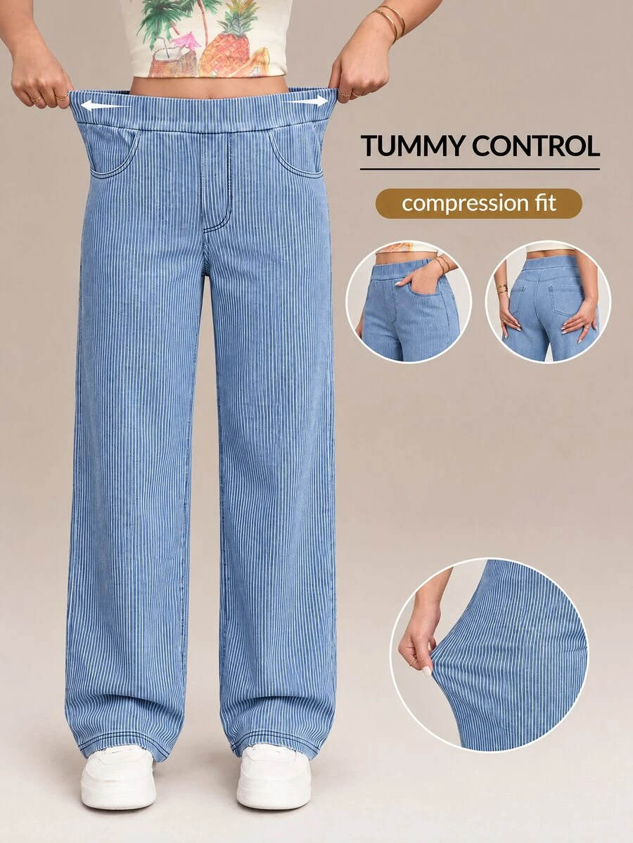 Flexra Women's Street Style Stretch Casual Sporty Wide Leg Jeans - Medium Wash - View 1