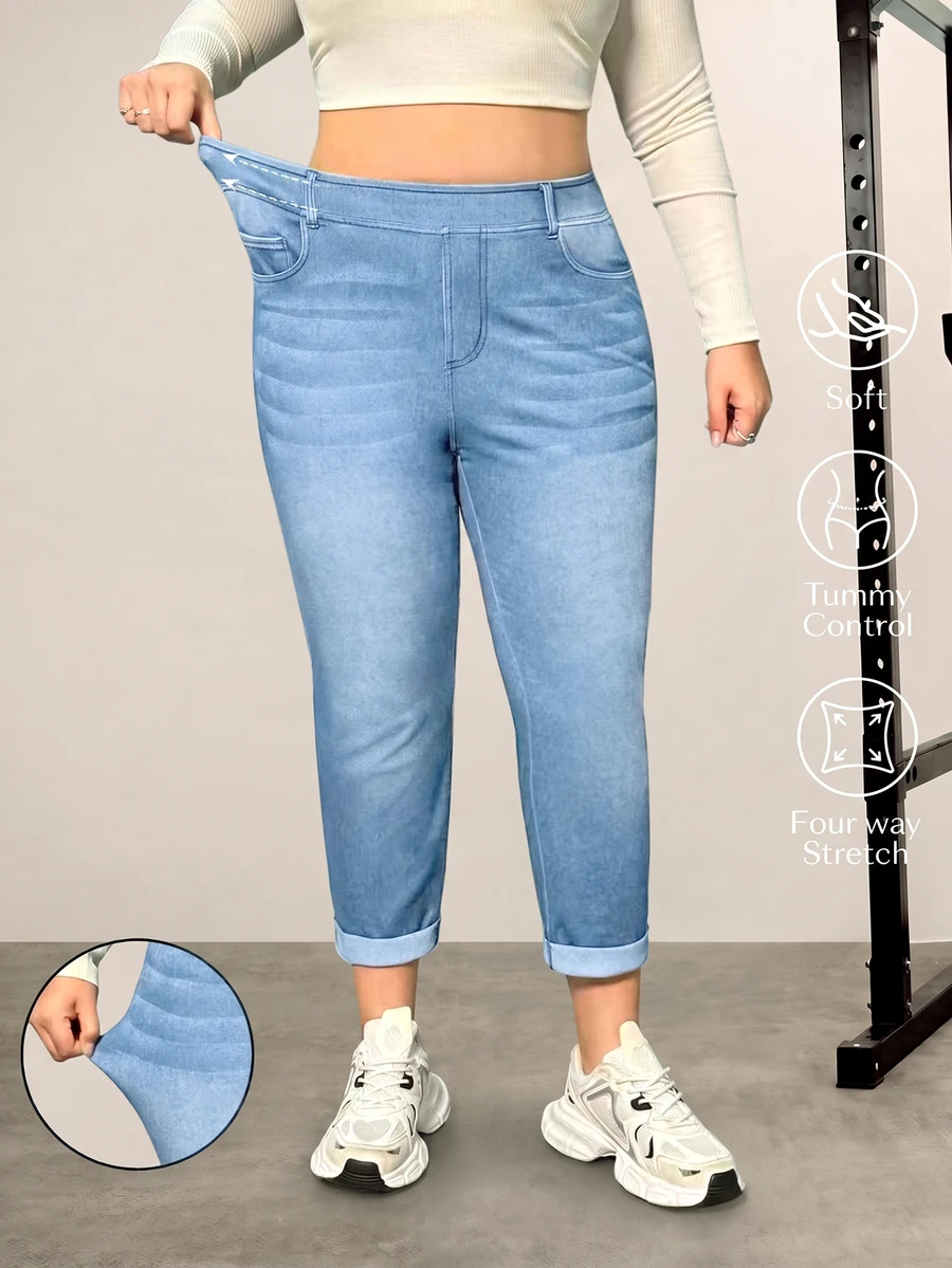 Flexra Plus Size Women Knitted Casual Straight Leg Jeans - Baby Blue - View 1