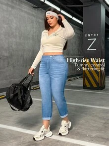 Flexra Plus Size Women Knitted Casual Straight Leg Jeans - Baby Blue - View 8