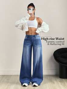 Flexra Plus Size Fashionable Medium Blue Washed Wide Leg Jeans - Medium Wash - View 7