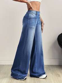 Flexra Plus Size Fashionable Medium Blue Washed Wide Leg Jeans - Medium Wash - View 6