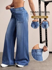 Flexra Plus Size Fashionable Medium Blue Washed Wide Leg Jeans - Medium Wash - View 1