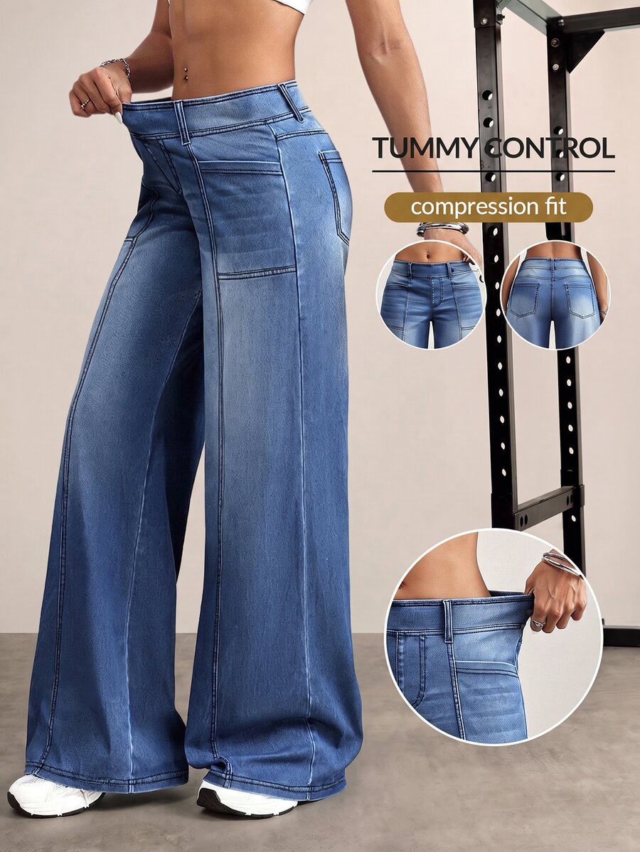 Flexra Plus Size Fashionable Medium Blue Washed Wide Leg Jeans - Medium Wash - View 1