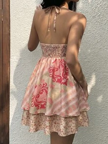 Sunnyshic Women's Summer Beach Vacation Style Paisley Patchwork Print Ruched Bust Backless Knot Halter Neck Dress - Watermelon Pink - View 2