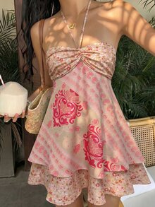 Sunnyshic Women's Summer Beach Vacation Style Paisley Patchwork Print Ruched Bust Backless Knot Halter Neck Dress - Watermelon Pink - View 8