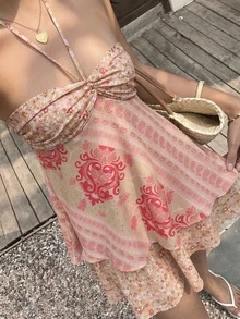 Sunnyshic Women's Summer Beach Vacation Style Paisley Patchwork Print Ruched Bust Backless Knot Halter Neck Dress - Watermelon Pink - View 5