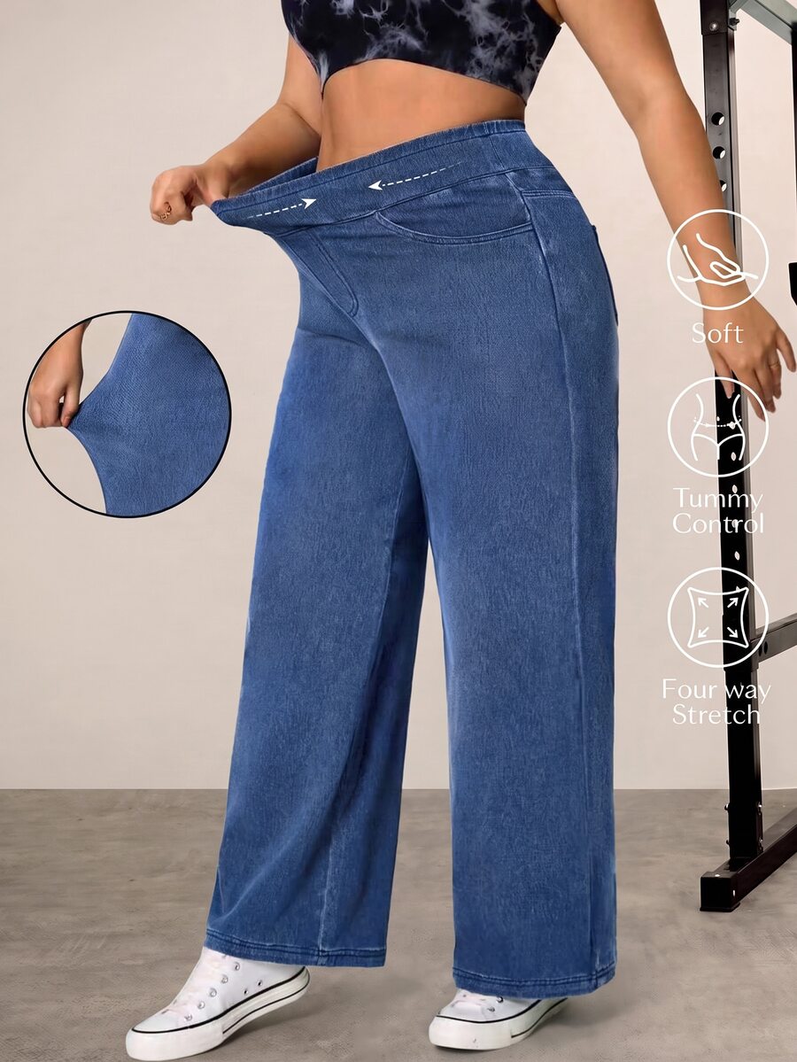 Flexra Plus Size Women Loose Fit Soft Medium Wash Stretchy Flare Jeans - Dark Wash - View 1