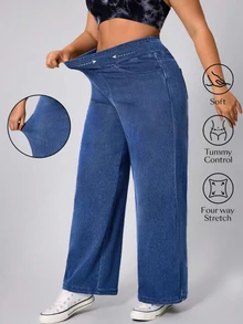 Flexra Plus Size Women Loose Fit Soft Medium Wash Stretchy Flare Jeans - Dark Wash - View 3
