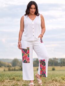 EMERY ROSE Fall Vacation Flattering Patchwork Floral Print Denim White Daily Wear Travel Breathable Plus Size Denim Pants For Women - White - View 5