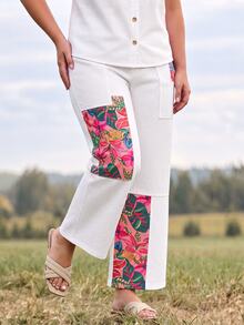 EMERY ROSE Fall Vacation Flattering Patchwork Floral Print Denim White Daily Wear Travel Breathable Plus Size Denim Pants For Women - White - View 4