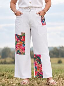 EMERY ROSE Fall Vacation Flattering Patchwork Floral Print Denim White Daily Wear Travel Breathable Plus Size Denim Pants For Women - White - View 3