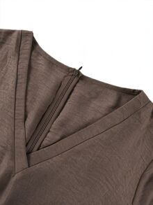LanaWest CURVE Đầm tay dài cổ chữ V phối ren phong cách thường ngày size lớn cho mùa thu - Cà phê nâu - Xem 4