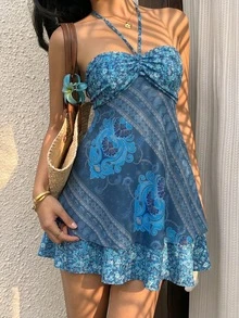 Sunnyshic Women's Floral Print Halter Neck Short Dress, Vacation Style - Blue - View 7