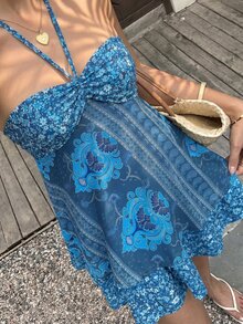 Sunnyshic Women's Floral Print Halter Neck Short Dress, Vacation Style - Blue - View 4
