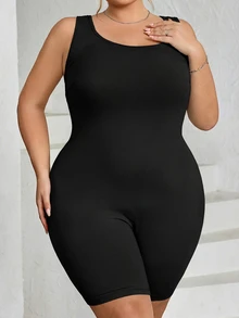 SHEIN CURVE+ 大码女士无缝塑身衣，胸部和臀部提拉 - 腹部、腰部和大腿塑形连体衣，曲线加大码，Hoho Vacation沙滩装/沙滩裙/沙滩度假装/沙滩必备/毕业典礼/下午茶派对礼服 - 黑色 - 查看 5