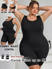 SHEIN CURVE+ 大码女士无缝塑身衣，胸部和臀部提拉 - 腹部、腰部和大腿塑形连体衣，曲线加大码，Hoho Vacation沙滩装/沙滩裙/沙滩度假装/沙滩必备/毕业典礼/下午茶派对礼服 - 黑色 - 查看 8