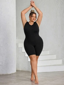 SHEIN CURVE+ 大码女士无缝塑身衣，胸部和臀部提拉 - 腹部、腰部和大腿塑形连体衣，曲线加大码，Hoho Vacation沙滩装/沙滩裙/沙滩度假装/沙滩必备/毕业典礼/下午茶派对礼服 - 黑色 - 查看 10