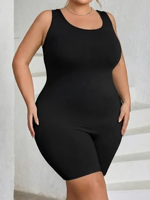 SHEIN CURVE+ 大码女士无缝塑身衣，胸部和臀部提拉 - 腹部、腰部和大腿塑形连体衣，曲线加大码，Hoho Vacation沙滩装/沙滩裙/沙滩度假装/沙滩必备/毕业典礼/下午茶派对礼服 - 黑色 - 查看 4