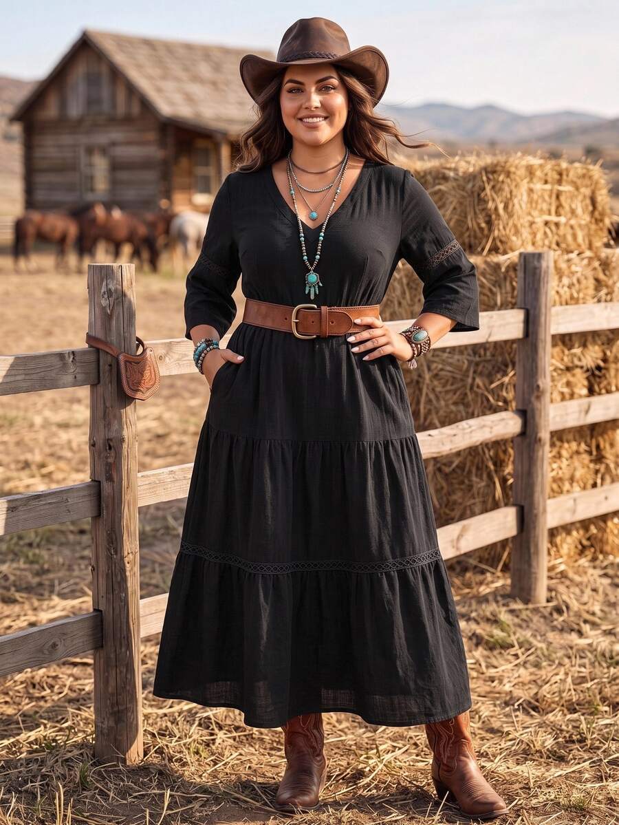 LanaWest CURVE Plus Size Casual V-Neck Lace Patchwork Long Sleeve Dress Fall - Black - View 1