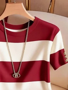 Franclia Women's Casual Round Neck Short Sleeve Red And White Stripe T-Shirt Office Brunch Summer - Burgundy - View 3