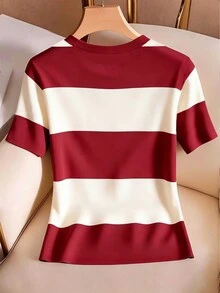Franclia Women's Casual Round Neck Short Sleeve Red And White Stripe T-Shirt Office Brunch Summer - Burgundy - View 2