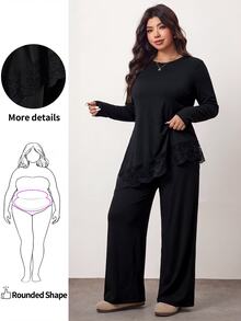 SHEIN LUNE CURVE Plus Size Women Solid Color Contrast Lace Hem Long Sleeve T-Shirt And Pants Elegant 2 Pieces Set Fall - Black - View 8