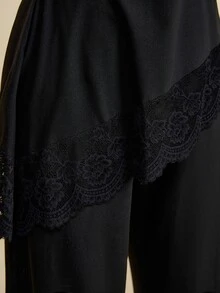 SHEIN LUNE CURVE Plus Size Women Solid Color Contrast Lace Hem Long Sleeve T-Shirt And Pants Elegant 2 Pieces Set Fall - Black - View 5