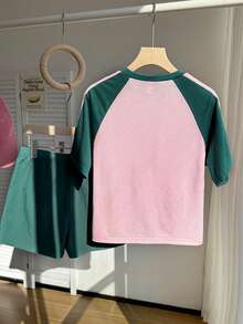 SHEIN Young Girls Casual Back To School Bow Striped Tee Raglan - Multicolor - View 3