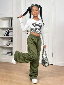 SHEIN Tween Girls' Casual Uniform Streetwear Ruched Cargo Straight Leg Pants Fall School Olive Green - Army Green - View 3