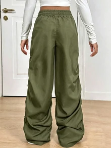 SHEIN Tween Girls' Casual Uniform Streetwear Ruched Cargo Straight Leg Pants Fall School Olive Green - Army Green - View 2