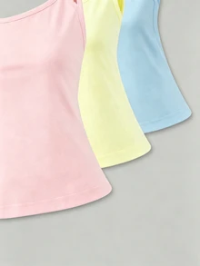 SHEIN Tween Girl 3pcs Summer Light Pink Pastel Yellow Light Blue Camisole Top Set, Soft Skin-Friendly Fabric, Simple Style, Holiday School Modest Casual - Multicolor - View 7