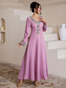 Mulvari Embroidered Lace Trim Splice  Fashion Long Sleeve  Formal Evening Rose Red Woven Casual Traditional For Women Modest Dress - Hot Pink - View 5