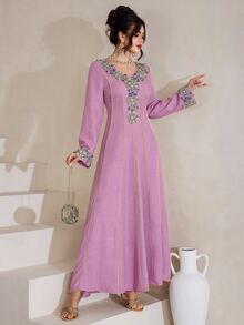 Mulvari Embroidered Lace Trim Splice  Fashion Long Sleeve  Formal Evening Rose Red Woven Casual Traditional For Women Modest Dress - Hot Pink - View 6