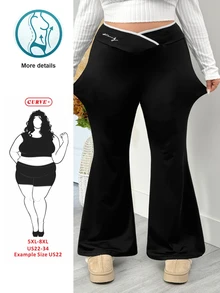 SHEIN CURVE+ Plus Size Minimalist English Letter Print High Waist Criss-Cross Design Flared Leg Long Tight Leggings For Women, Suitable For Party, Suitable For Spring And Autumn - Black - View 2