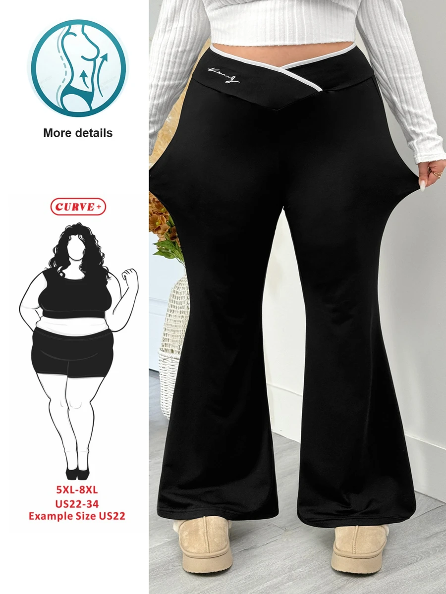 SHEIN CURVE+ Plus Size Minimalist English Letter Print High Waist Criss-Cross Design Flared Leg Long Tight Leggings For Women, Suitable For Party, Suitable For Spring And Autumn
