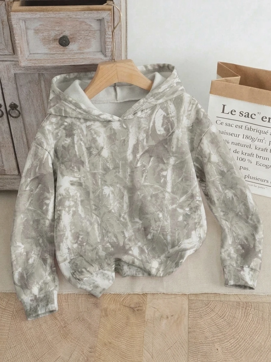 SHEIN Tween Girls Camouflage Fleece-Lined Sweatshirt, Autumn/Winter Outfit, Knit, Loose, Streetwear Athletic Casual, Long Sleeve, Tie Dye White School