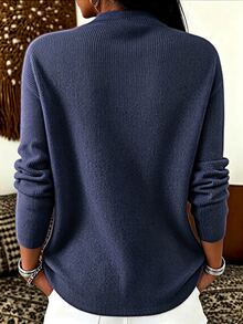 SHEIN Franclia ملابس علوية نسائية كاجوال بلون موحد وياقة كول وأكمام طويلة - أزرق بحري - مشاهدة 2